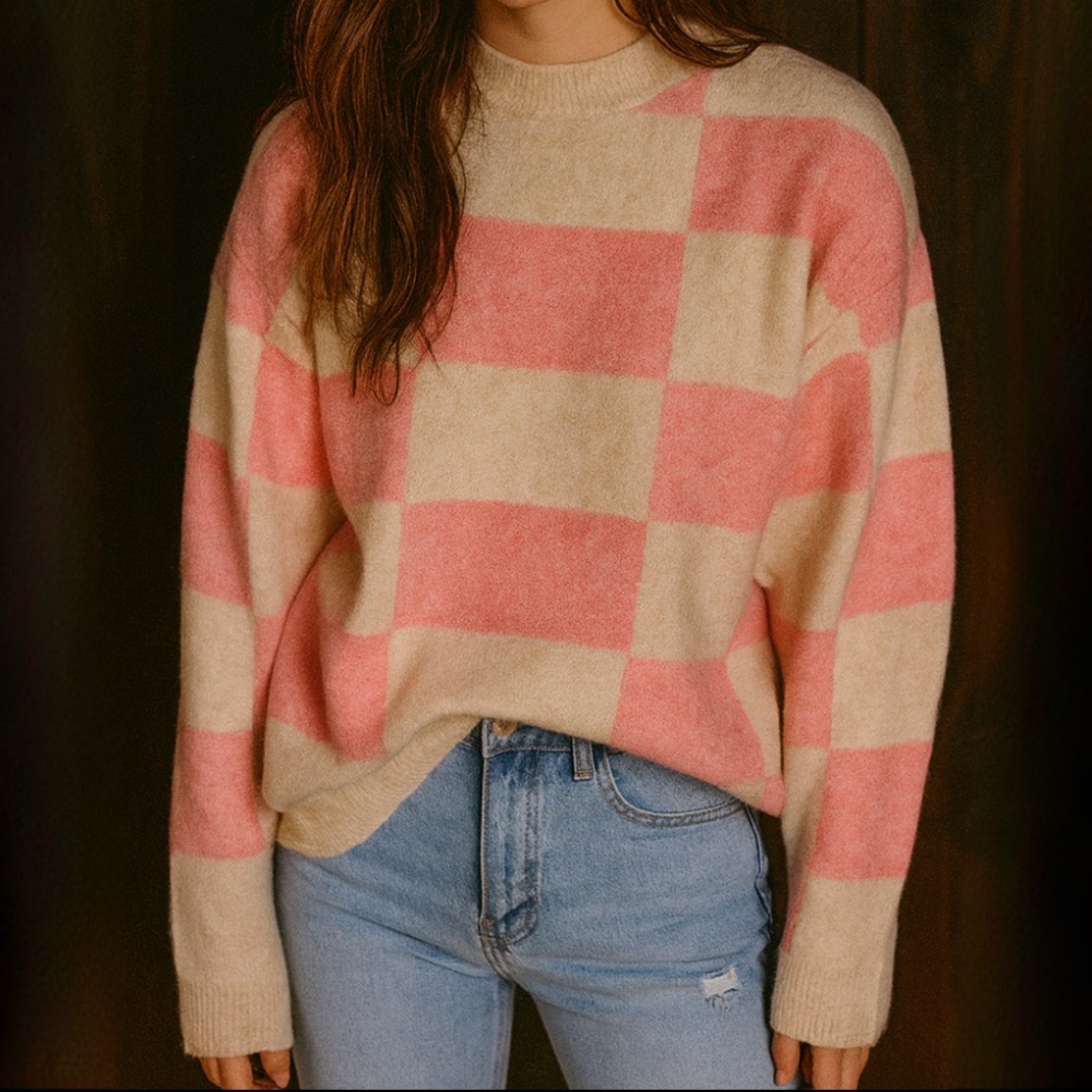 NWOT Sofie Schnoor Cream Pink Check Wool Blend Sweater Clueless Preppy